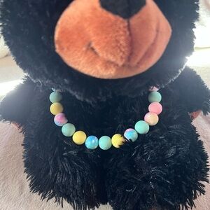 Handmade Pastel Green, Pink, & Yellow Beaded Dog Collar with 🌈 Accents, Size 16”